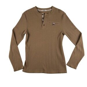 H2H Shirt Mens Medium Brown Waffle Knit Thermal Henley Long Sleeve Pocket Tee